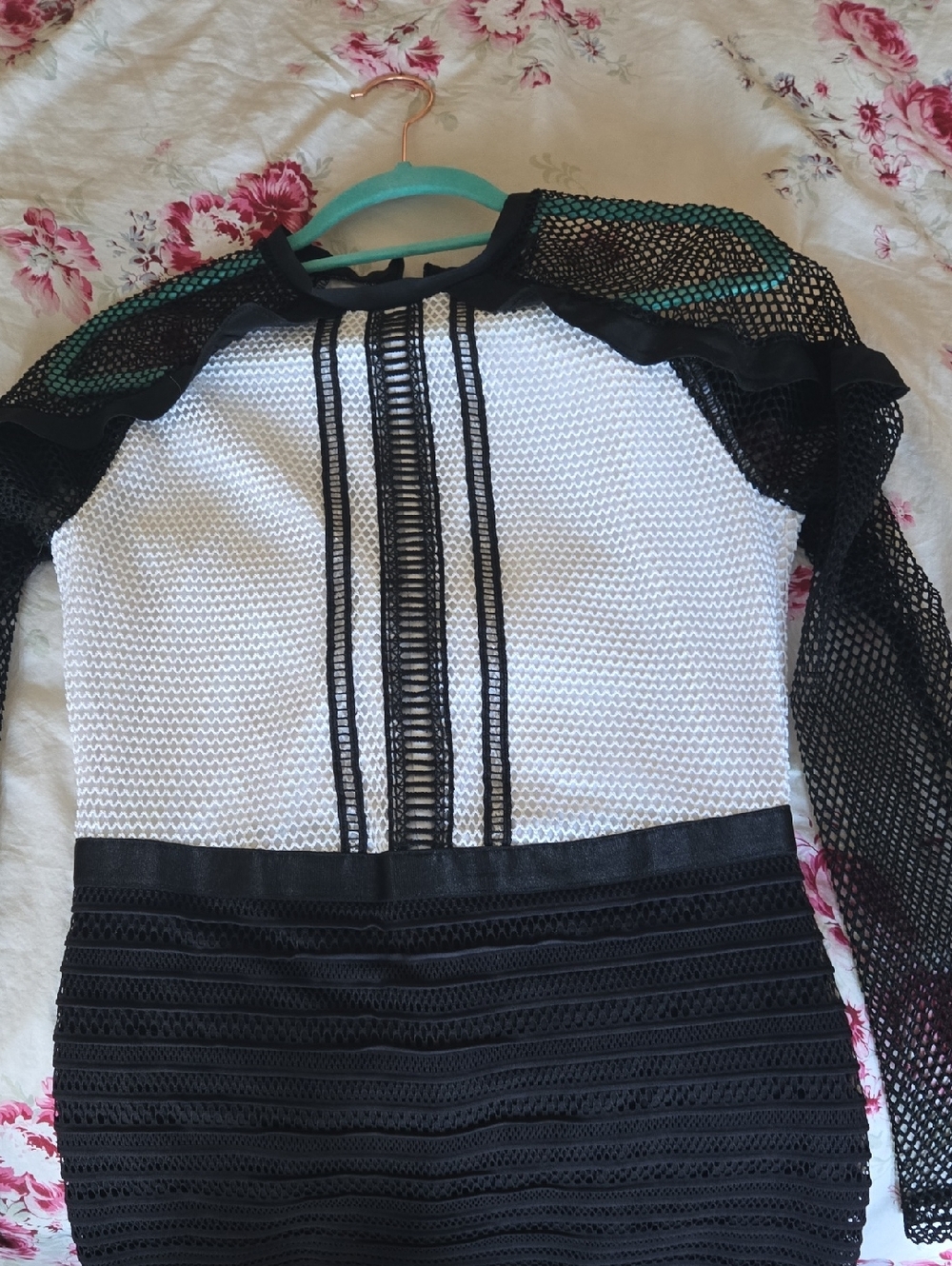 project RUNWAY Black and White Long Sleeve Mesh Inset Dress